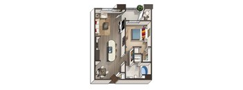 A floor plan of a house with a kitchen, living room, and bathroom.