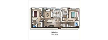 A floor plan of a 1020 square foot Solstice apartment.