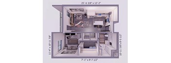 A 3D floor plan showing the layout of the 1 bedroom apartment