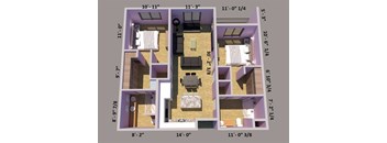 A 3D floor plan of a 2 bedroom apartment with dimensions of each room.
