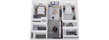 A top down view of a hotel room with two beds, a desk, and a couch.