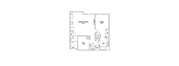 A floor plan of a house with a den, living area, kitchen, bedroom, bathroom, and closet.