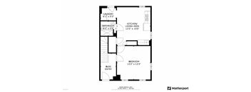 A floor plan for a home with a laundry room, bathroom, kitchen/living area, and bedroom.