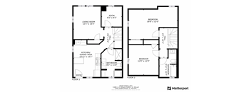 A floor plan for a home with two bedrooms, a living room, a kitchen/dining area, and a bathroom.