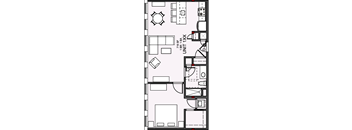 A floor plan of a 1 BR 1 BA unit.