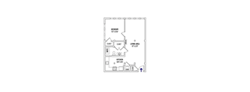 A floor plan of a room with a bedroom, living area, and kitchen.