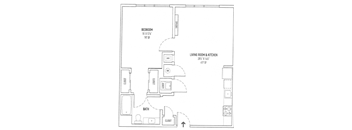 A floor plan of a small apartment with a bedroom, living room, kitchen, and bathroom.