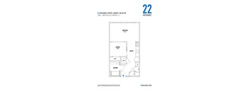 A floor plan for a one bedroom apartment with a living room, bedroom, kitchen and bathroom.