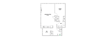 A floor plan of a room with a den, bathroom, and living area.