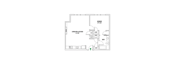 A floor plan of a small apartment with a bedroom, living area, kitchen, bathroom, and laundry room.