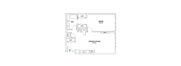 A floor plan of a small apartment with a bedroom, bathroom, and living area & kitchen.