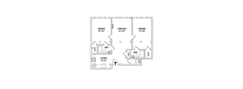 A floor plan of a house with three bedrooms, a living area, a kitchen, and two bathrooms.