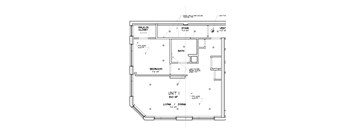 A floor plan of a unit with a living room, dining room, bedroom, bathroom, and closet.