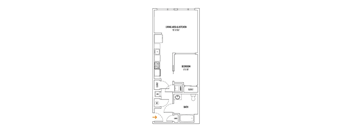 A floor plan of a small apartment with a living area, kitchen, bedroom, bathroom, closet, and linen.