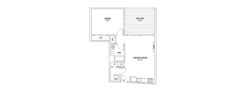 A floor plan of a small apartment with a bedroom, bathroom, living area, and kitchen.