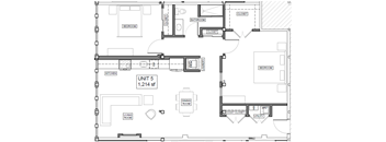 A floor plan of a 1,214 square foot apartment with a living room, dining room, kitchen, two bedrooms, a bathroom, and a coat closet.