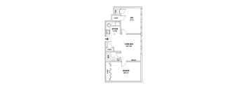 A floor plan of a small apartment with a kitchen, living area and bedroom.