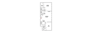 A floor plan of a small apartment with a living area, kitchen, and bedroom.
