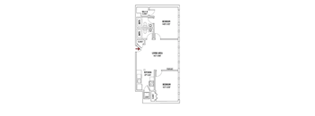 A drawing of a house plan with a living area, kitchen, and two bedrooms.