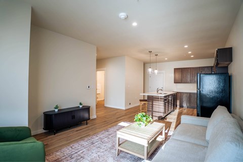 A living room with a green couch, a coffee table, and a television.