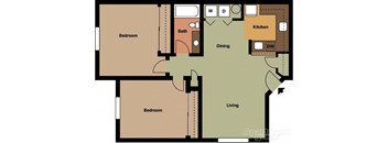 A floor plan of an apartment with two bedrooms, a living room, a dining area, a kitchen, and a bathroom.