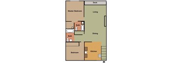 A floor plan of a house with a deck, living room, dining room, kitchen, and two bathrooms.