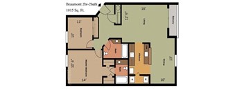 A floor plan of a 2 bedroom, 2 bathroom apartment.