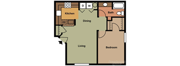 Apartment floor plan with kitchen, dining, living room, bedroom and bath.