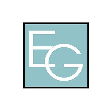 A blue square with a large letter E and G in the center.