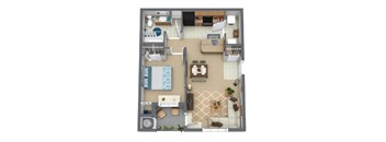 A floor plan of a small apartment with a kitchen, living room, and bathroom.