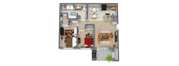 A top-down view of a house layout with a kitchen, living room, and dining area.
