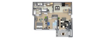 A top-down view of a house layout with a kitchen, living room, and bathroom.