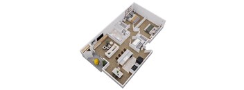 A 3D floor plan of a house with a kitchen, living room, and bedrooms.