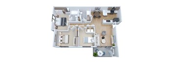 A top-down view of a house layout with a kitchen, living room, and bedrooms.