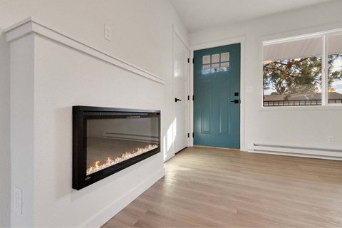 A room with a fireplace and a blue door.
