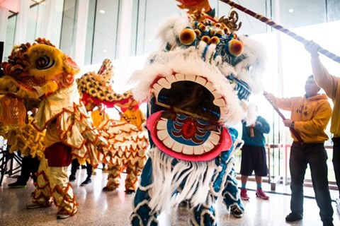 A group of people in traditional costumes performing a lion dance.