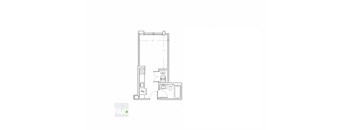 A drawing of a floor plan for a room with a kitchen area.