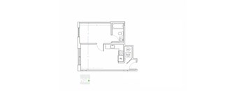 A floor plan of a kitchen with a layout that includes a sink, stove, and refrigerator.