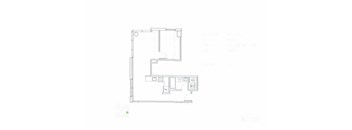 A floor plan of a small apartment with a kitchen, living room, and bathroom.