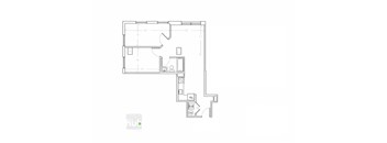 A floor plan of a house with a kitchen, living room, and two bedrooms.