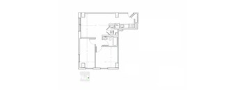 A floor plan of a room with a kitchen area and a bathroom.