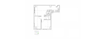 A floor plan of a room with a kitchen area and a bathroom.