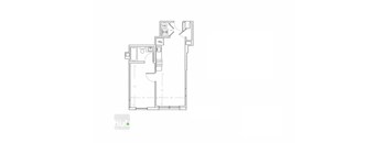 A drawing of a floor plan of a room with a kitchen area and a bathroom.