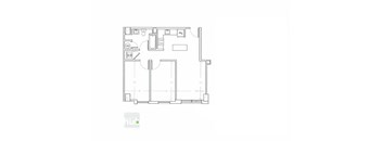A floor plan of a room with a kitchen area and a bathroom.