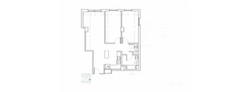 A floor plan of a house with a kitchen, living room, and bathroom.