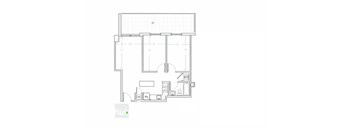 A floor plan of a small apartment with a kitchen, living room, and bathroom.