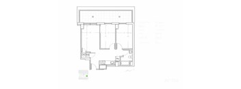 A floor plan of a room with a kitchen area and a bathroom.