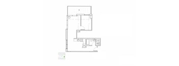 A floor plan of a kitchen with a layout of appliances and cabinets.