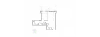 A drawing of a floor plan of a kitchen with a sink, stove, and refrigerator.