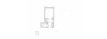 A drawing of a floor plan for a kitchen with a sink, stove, and refrigerator.